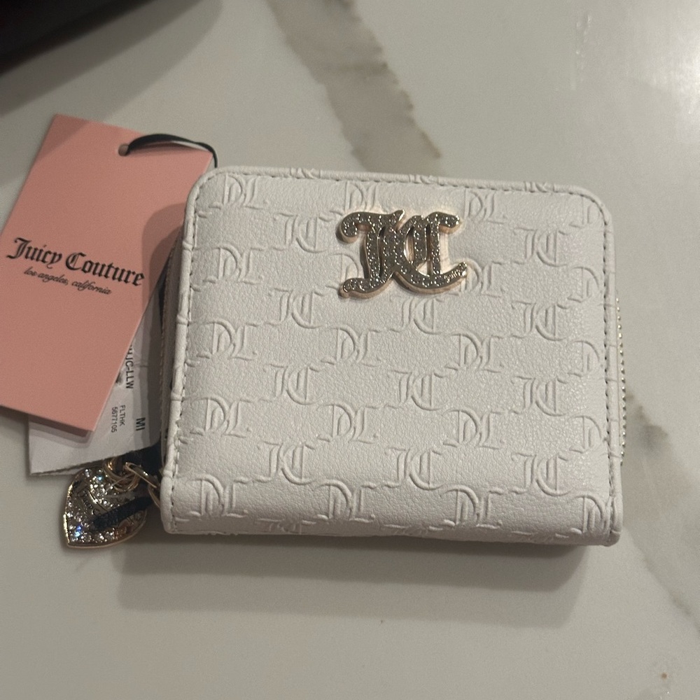 Juicy Couture White Wallet with Embossed Monogram and Gold Hardware